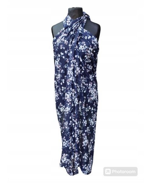 Duża chusta plażowa - eleganckie PAREO XXL szyfon białe kwiatuszki